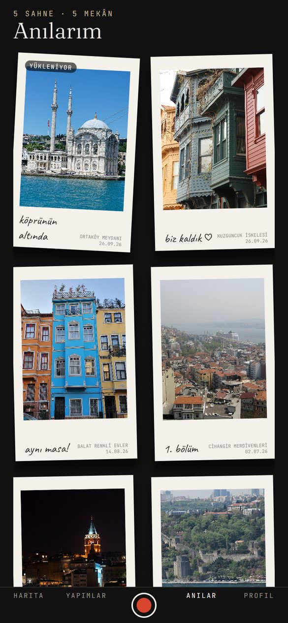 scenly Anılarım ekranında kişisel duvarda bir araya gelen Instax tarzı fotoğraf kartları